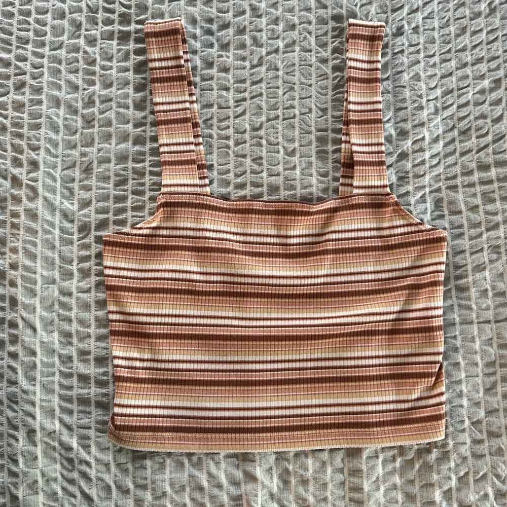 American Eagle Crop Top Women's Beige Brown Striped Ribbed Knit Tank Top